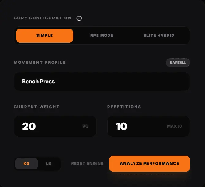 One rep max calculator interface showing Bench Press selected with 20 kg current weight, 10 repetitions, and an “Analyze Performance” button (Simple mode).
