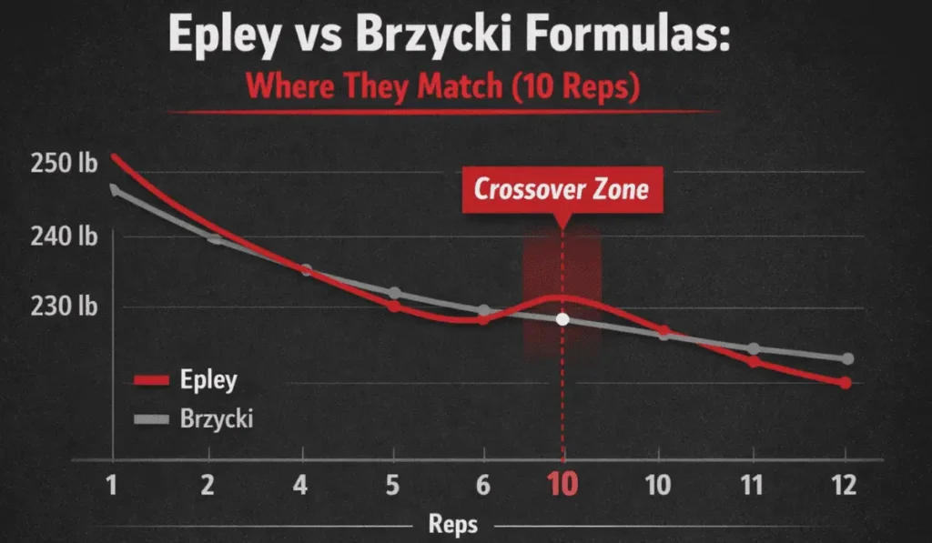 Epley vs. Brzycki formulas line chart showing estimated 1RM changes from 1 to 12 reps for a 225-lb set, with both formulas meeting at 10 reps. The chart highlights where predictions diverge at low and high reps.