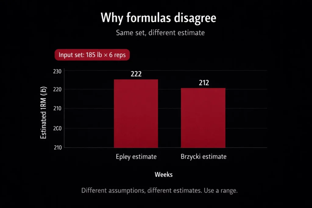Bar chart comparing estimated 1RM from the Epley formula and the Brzycki formula using the same weight and reps, highlighting a small difference in results.
