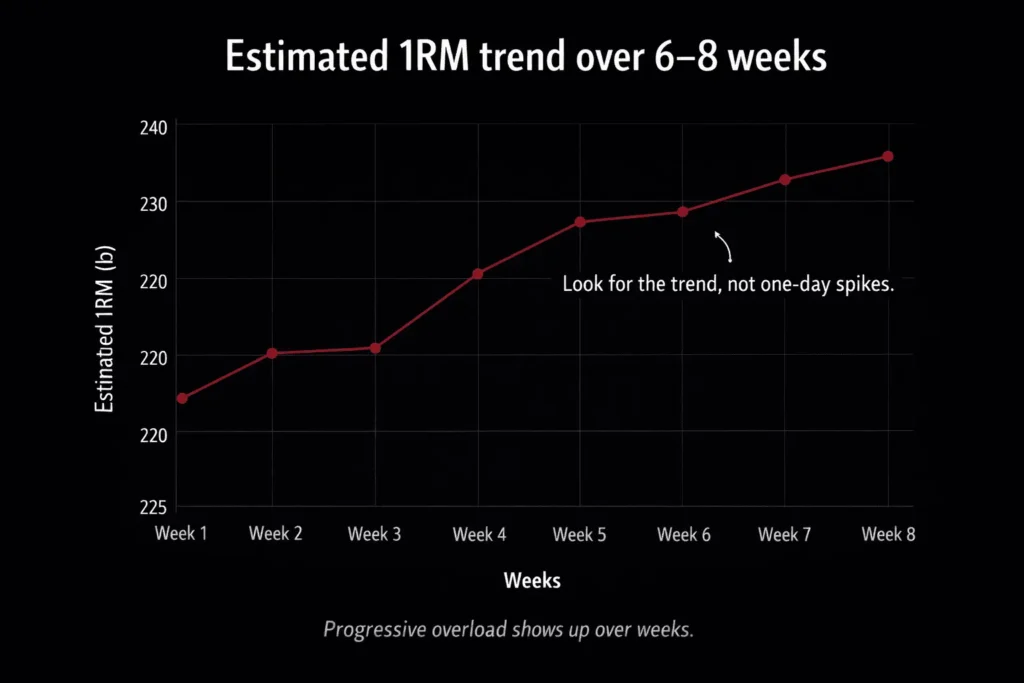 Line chart of estimated one rep max over 8 weeks in pounds, showing small week-to-week changes and an overall upward trend.