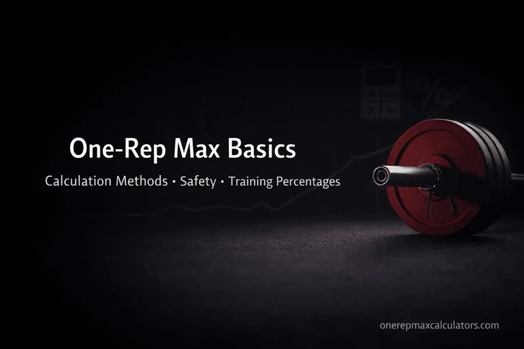 Dark, minimal hero image showing a barbell with a subtle training chart and calculator motif, introducing one-rep max basics, calculation methods, safety, and training percentages.
