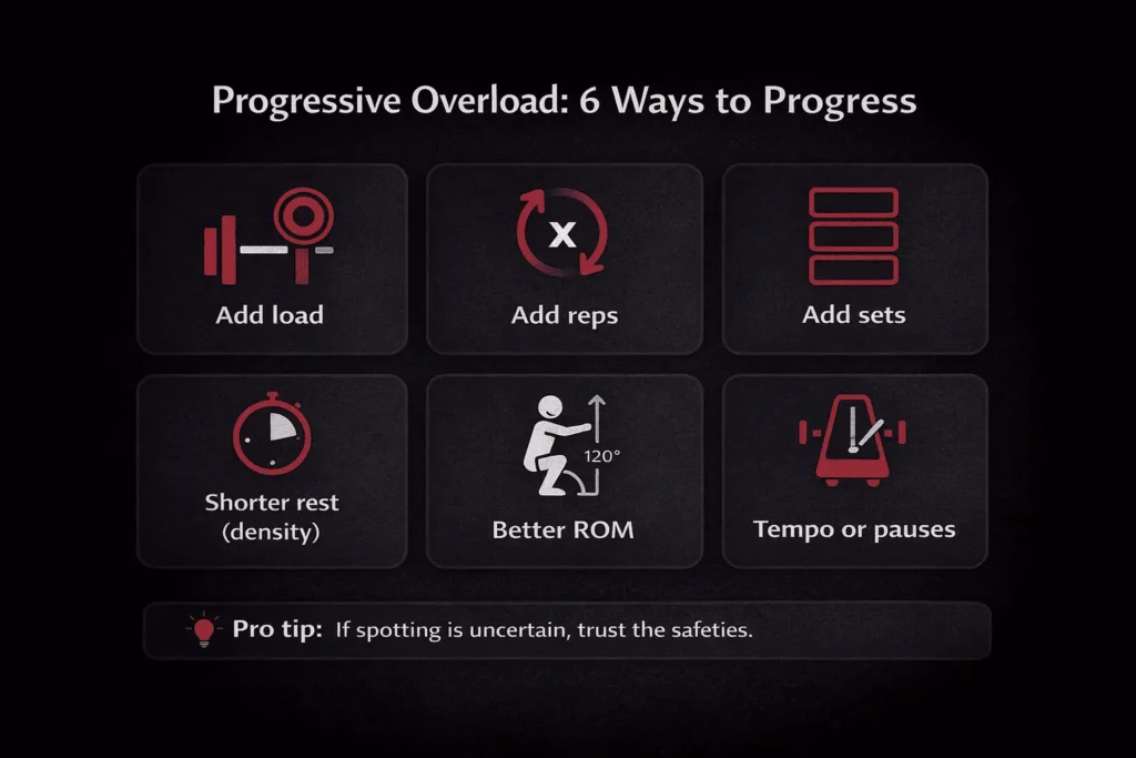Progressive overload for strength training infographic showing ways to progress: add weight, reps, sets, density, range of motion, and tempo or pauses.