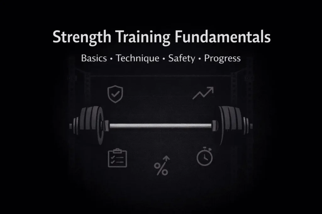 Dark, minimal hero graphic for a strength training article with a centered barbell and plates, a faint power rack outline behind it, and small icons for tracking, safety, progressive overload, intensity, and rest.