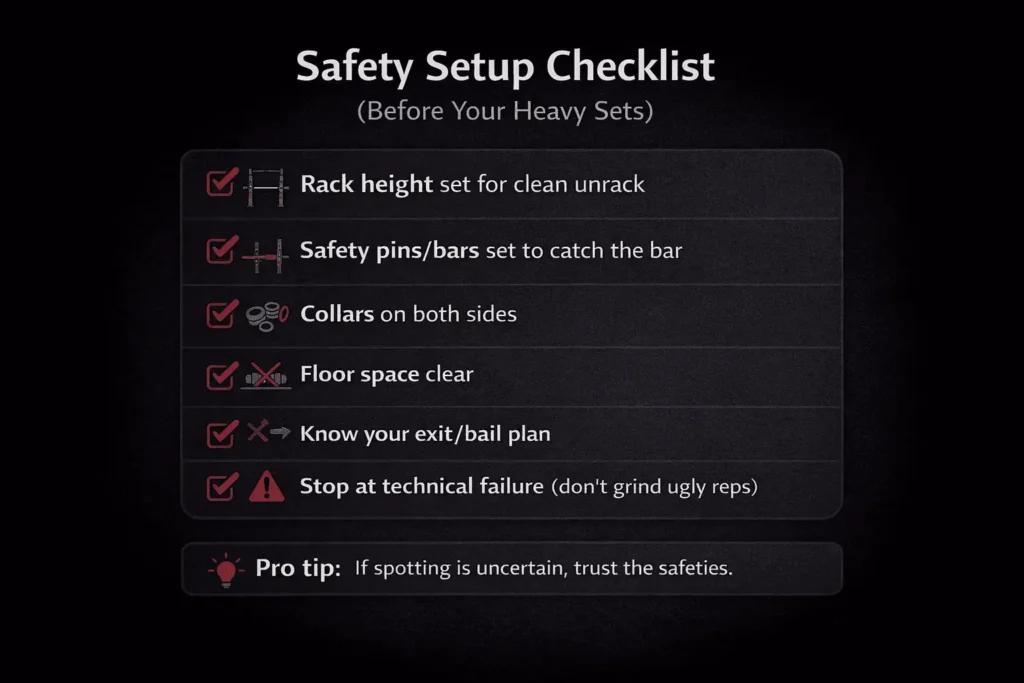 Weightlifting safety checklist for a power rack: correct rack height, safety pins, collars, clear space, and stopping at technical failure.