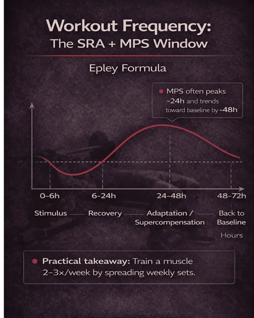 How many days a week should I workout? This infographic shows the SRA curve and the 24–48 hour muscle protein synthesis window.
Use it to time sessions so your workout frequency matches recovery and progress.