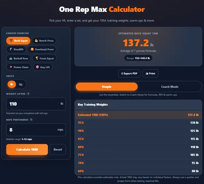 A one-rep max calculator showing inputs and results for estimated back squat 1 rm.