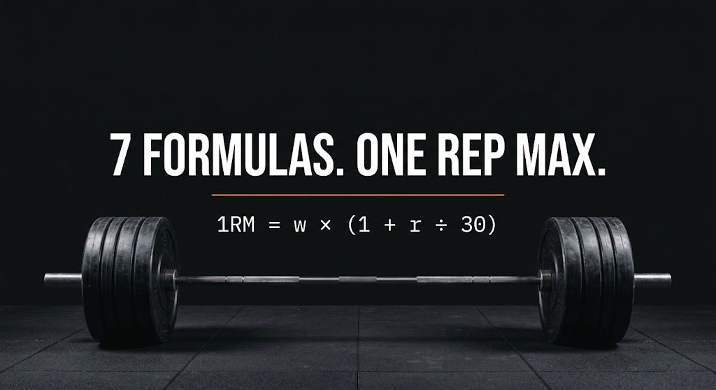 Hero image for the 1RM Formulas guide showing a barbell with mathematical notation overlaid, representing the seven one rep max estimation formulas.