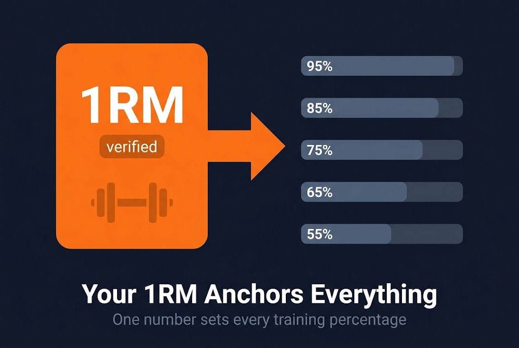 Diagram showing how a 1RM testing result anchors every training percentage, with a verified one rep max feeding into a percentage table that sets working weights across a training block. Image title: Why Your 1RM Test Result Matters for Programming