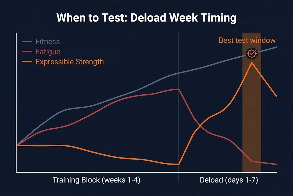 Line chart showing fitness, fatigue, and expressible strength across a training block and deload week, illustrating that the best time to run a 1RM test is day 5 to 7 of a deload when fatigue has cleared and expressible strength peaks.
