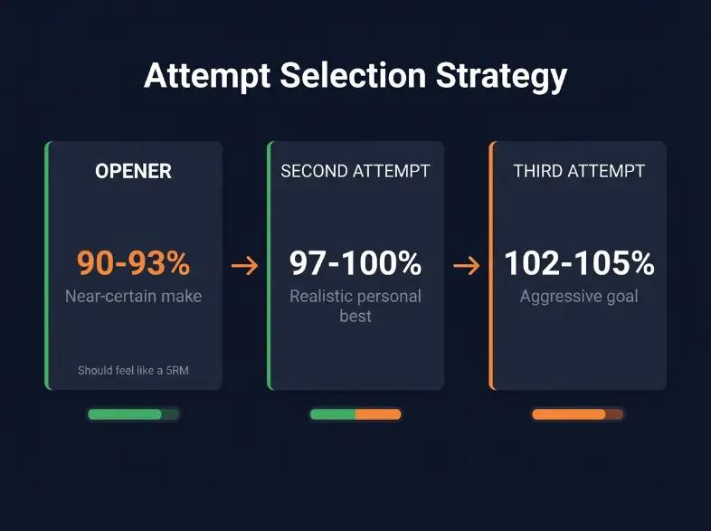 Diagram showing the three-attempt strategy for powerlifting competition: Attempt 1 at 90-93 percent of expected max labeled as a near-certain make, Attempt 2 at 97-100 percent labeled as a realistic personal best, and Attempt 3 at 102-105 percent labeled as the aggressive goal attempt.