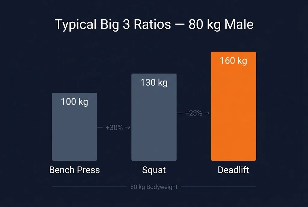 Infographic showing the typical strength ratio between the three main powerlifting lifts for an 80 kg male lifter: bench press at 100 kg, squat at 130 kg, and deadlift at 160 kg, illustrating the expected relative strength between the Big 3