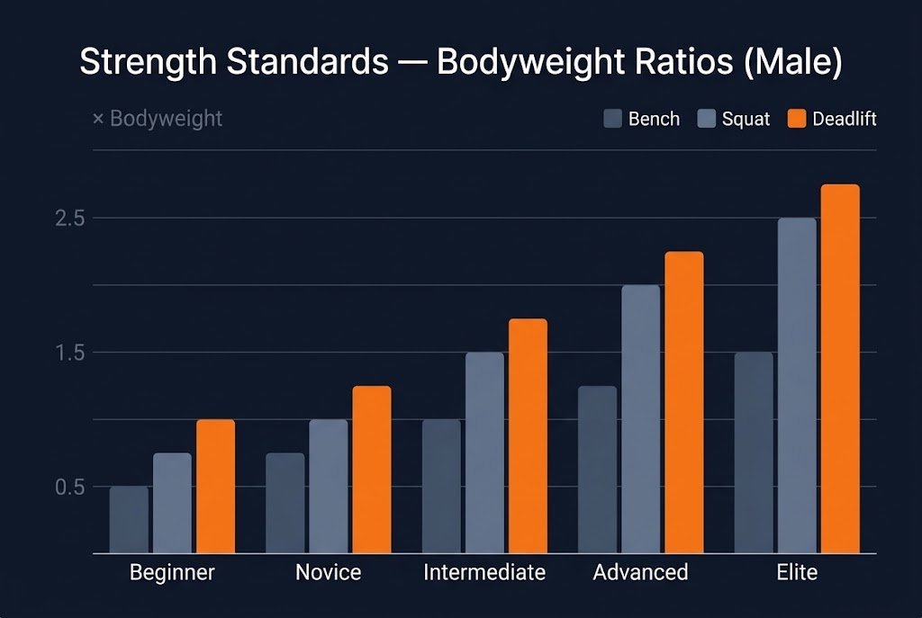 Grouped bar chart comparing bodyweight-ratio strength standards for male lifters across five classification levels (Beginner to Elite) for the bench press, squat, and deadlift, showing how the ratio gap widens at higher levels.