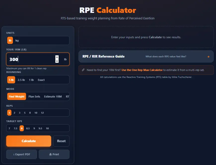 RPE Calculator input area showing units, 1RM field, rounding, mode selector, rep and RPE quick-select buttons.
