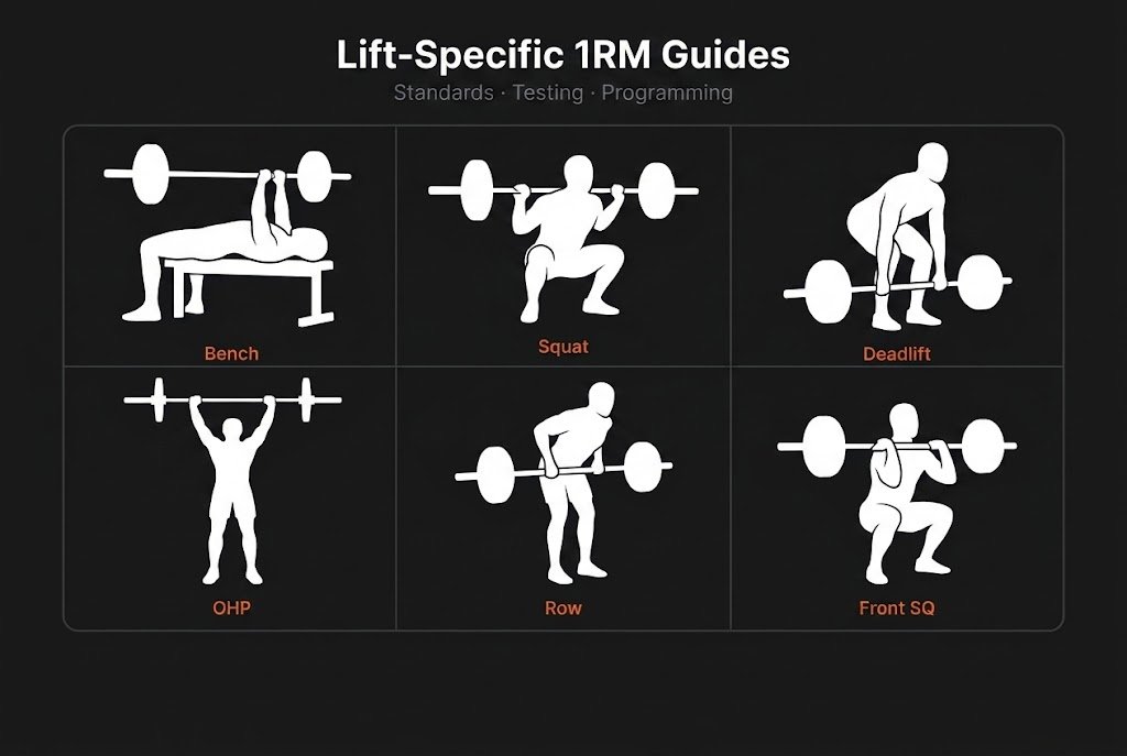 Dark minimal hero image showing six barbell lift silhouettes in a grid — bench press, squat, deadlift, overhead press, barbell row, and front squat — representing the lift-specific 1RM guides series.
