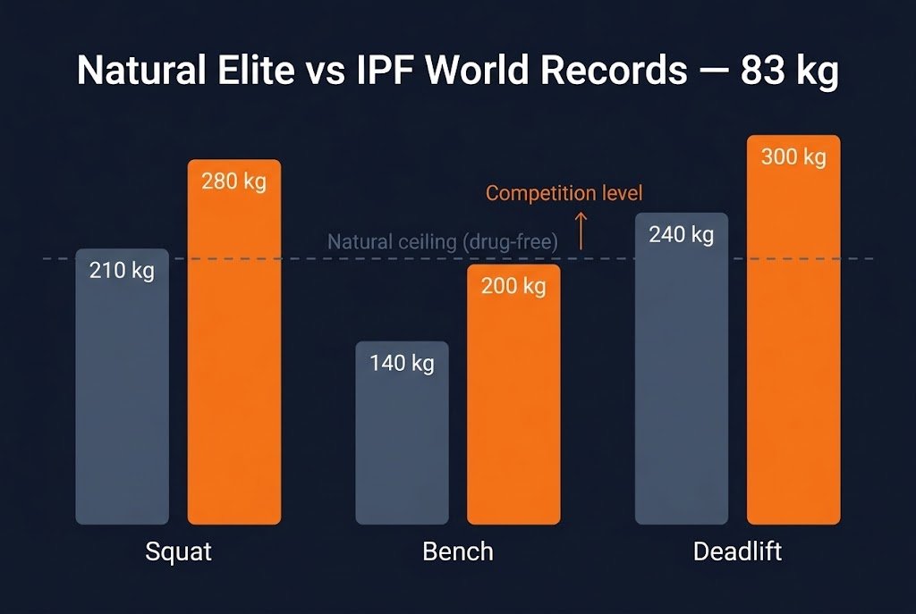 Infographic showing the gap between natural Elite strength standards and IPF world-record levels for the squat, bench press, and deadlift in the 83 kg weight class, illustrating that competitive world-class numbers sit far above natural training ceilings.