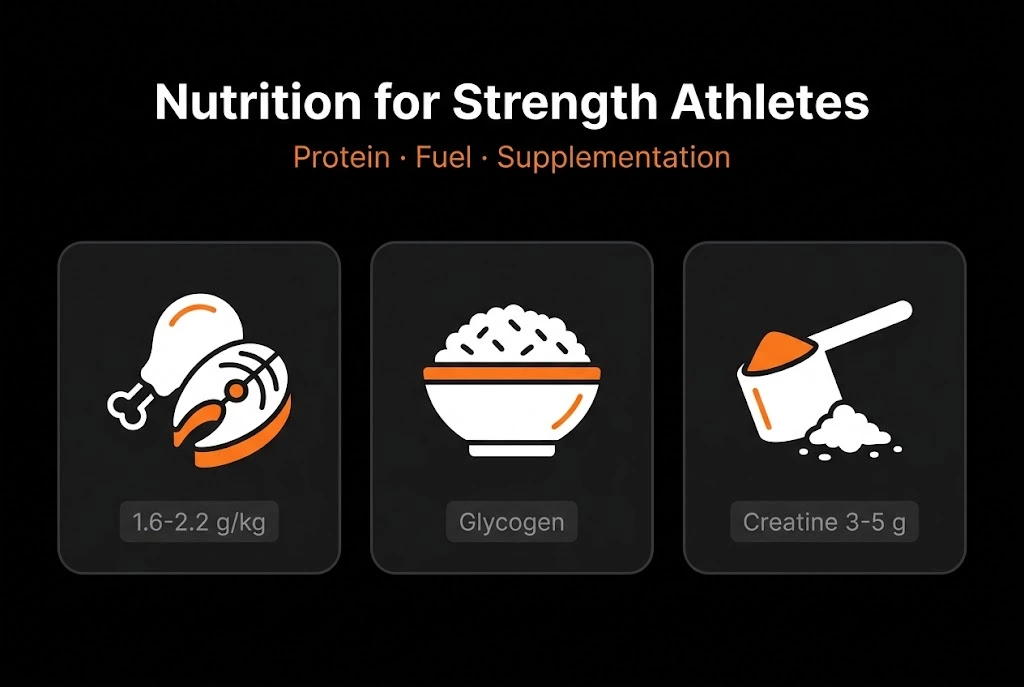 Black background thumbnail titled Nutrition for Strength Athletes showing three nutrition pillar icons — a protein source, a fuel/carbohydrate icon, and a calorie/energy icon — for the strength nutrition guide series.