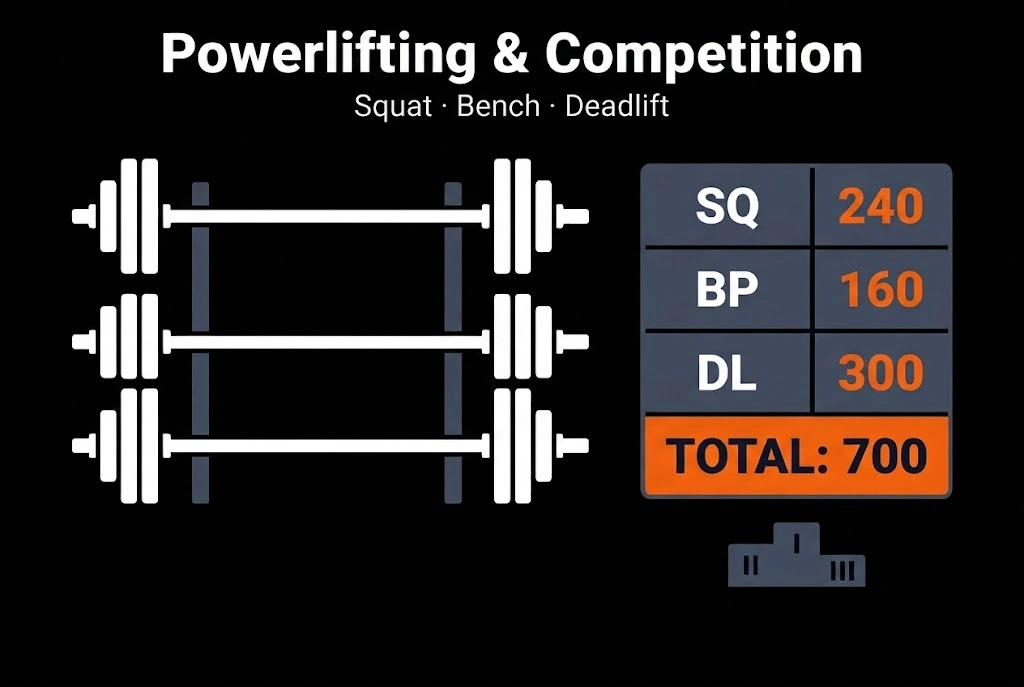 Dark minimal hero image showing three barbell silhouettes representing the squat, bench press, and deadlift competition lifts, alongside a scoreboard and podium icon representing the competitive structure of powerlifting.