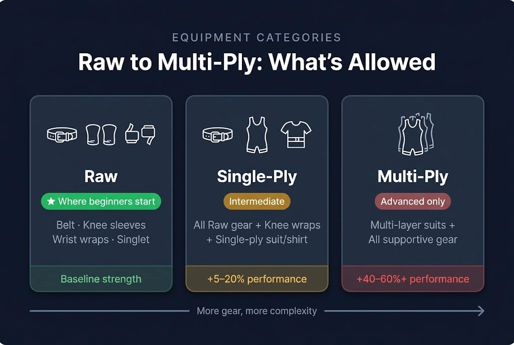 Powerlifting equipment categories comparison showing Raw Classic with minimal gear, Single-Ply with supportive suits, and Multi-Ply with maximum equipment, with percentage performance increase estimates for each.