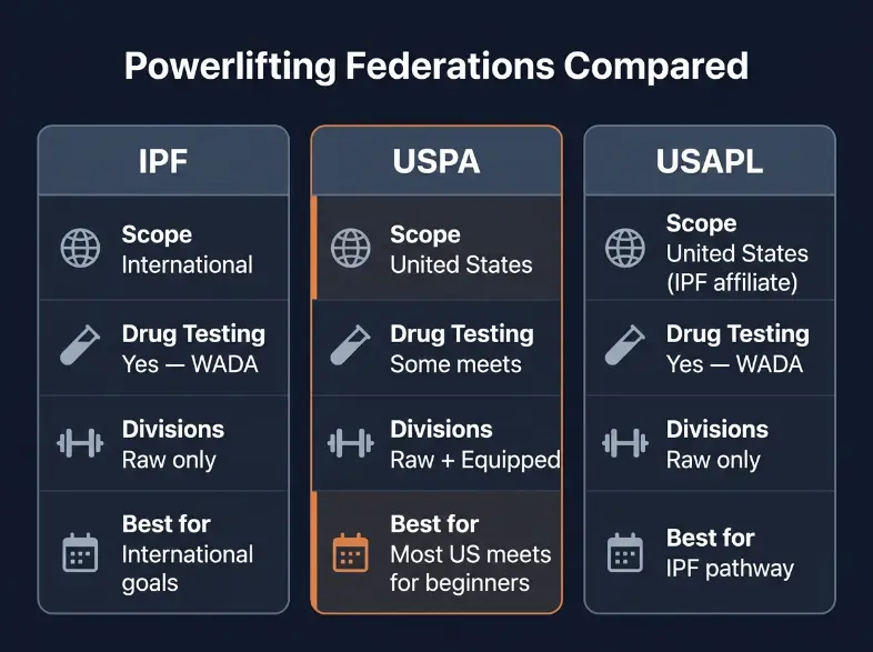 Comparison card showing three powerlifting federations side by side: IPF (international, drug-tested only, strictest standards), USPA (US-based, raw and equipped, drug-tested and untested meets), and USAPL (US IPF affiliate, drug-tested only), with their key attributes compared.