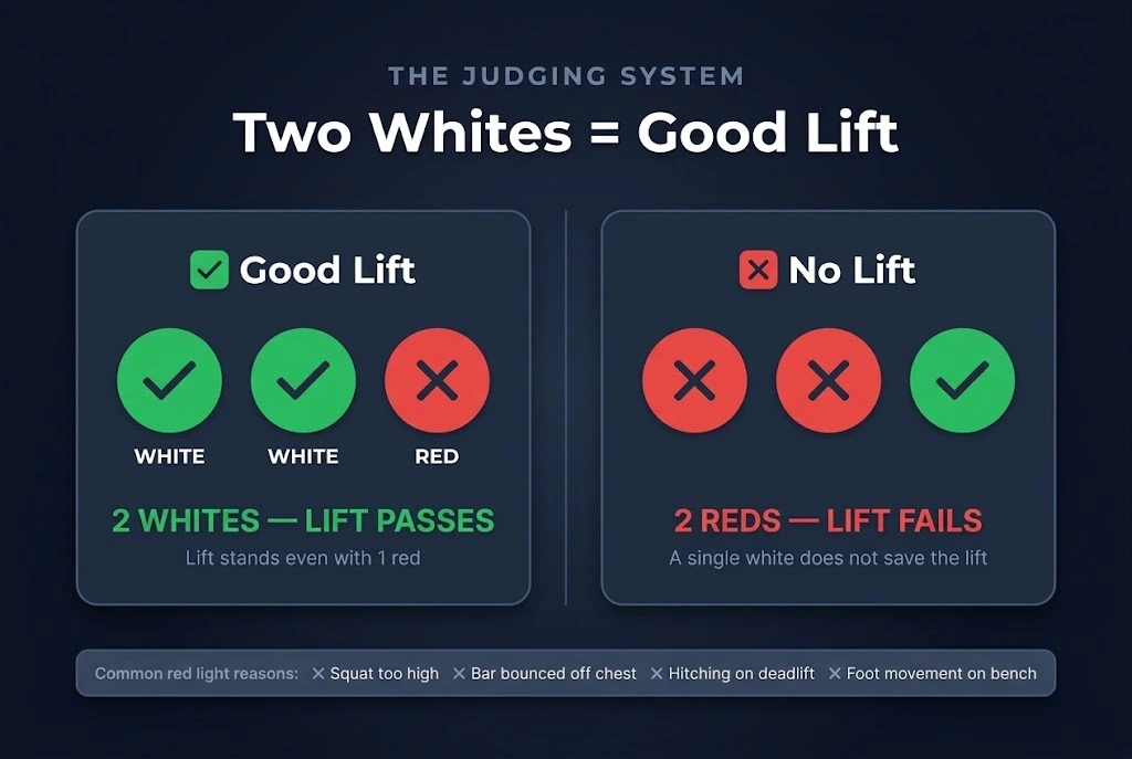 Powerlifting judging diagram showing three judges each casting a white or red light, with two whites out of three required for a good lift, and example scenarios for a passed lift and a failed lift.