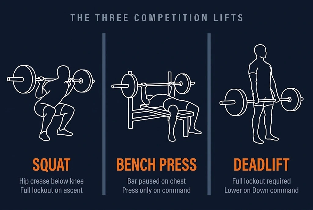 The three competition lifts in powerlifting: the back squat, the bench press, and the deadlift, shown as minimal line-art illustrations on a dark background with technical judging notes. Image title: The Three Competition Lifts in Powerlifting Caption: Powerlifting is built on three movements. Every competition, every record, every total comes from these three barbell lifts — each with its own judging standard.