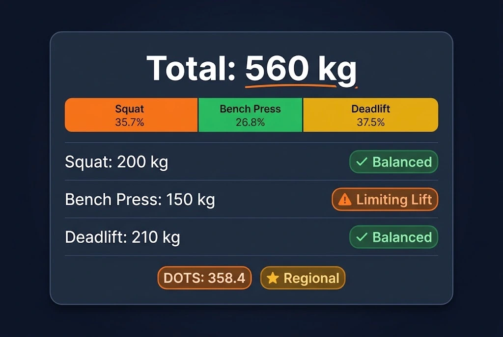 Powerlifting Total Calculator showing a 560 kg total with lift distribution bar and Bench Press flagged as limiting lift, alongside a DOTS score of 358.4 and Regional competitive level.
