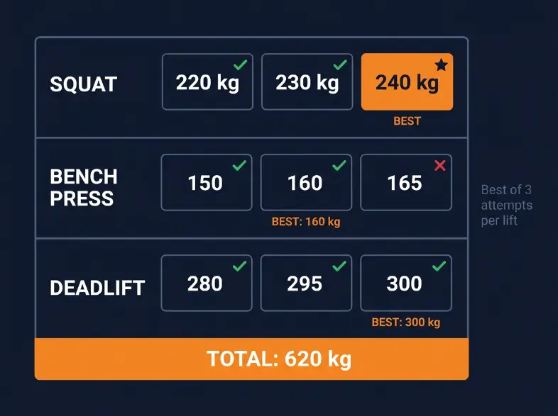 Diagram showing how a powerlifting guide total is calculated: three attempt boxes for squat showing 220, 230, 240 kg with 240 marked as best, three for bench press showing 150, 160, 165 kg with 165 marked as best, three for deadlift showing 280, 295, 300 kg with 300 marked as best, totaling 705 kg.