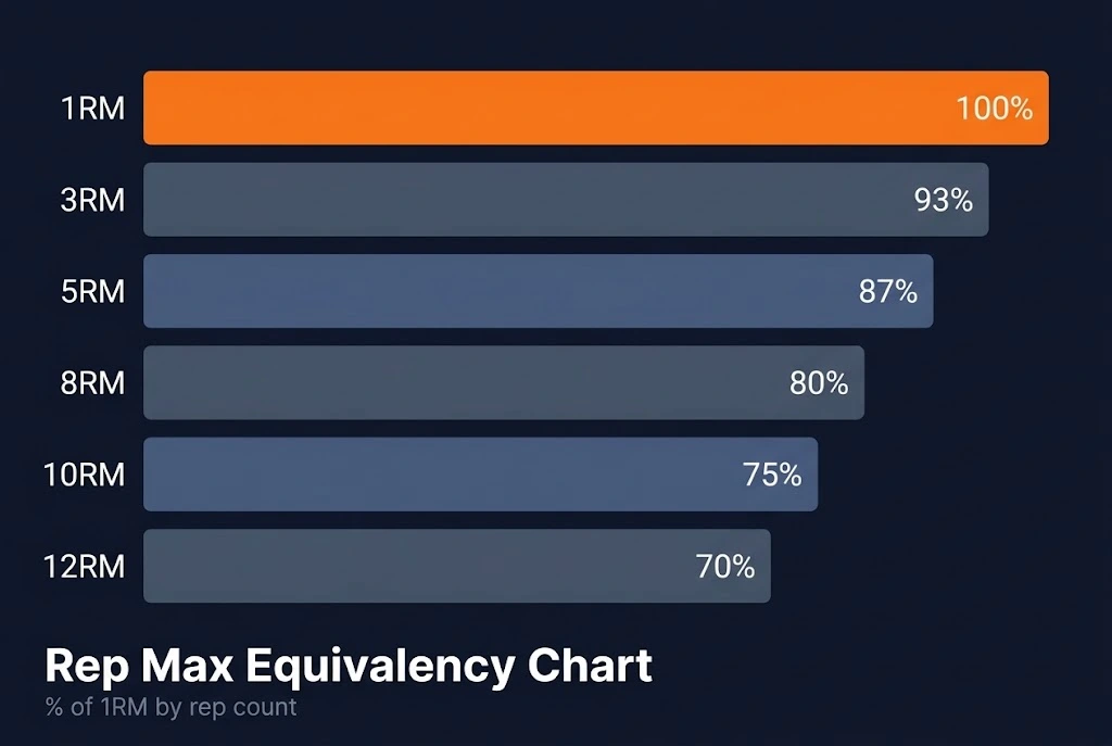 Rep max equivalency chart showing the percentage of 1RM for each rep count, from 1RM at 100 percent down through 5RM at 87 percent and 10RM at 75 percent, visualised as a descending bar scale.