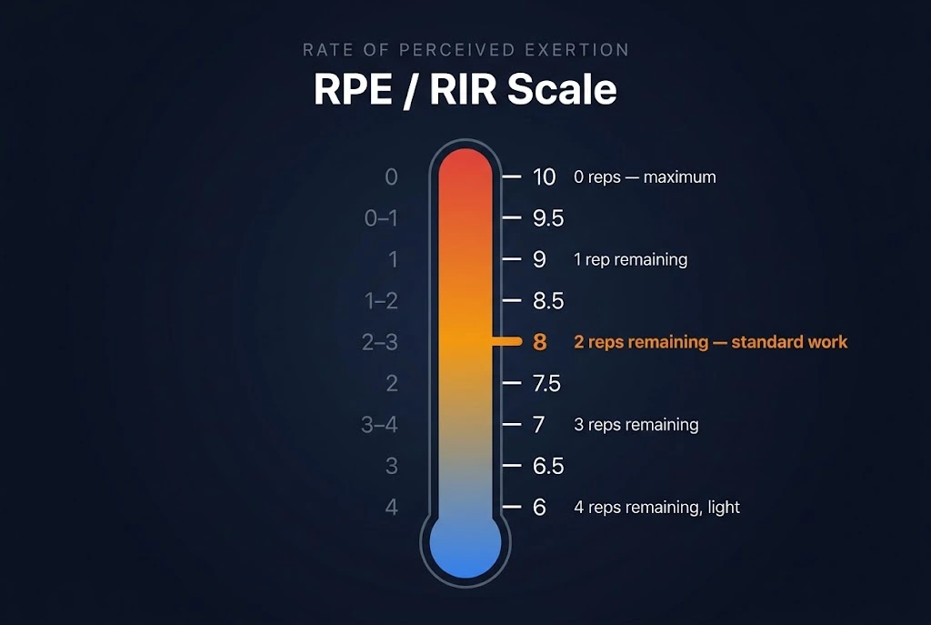RPE to Reps in Reserve scale from RPE 6 at the bottom with 4 reps in reserve to RPE 10 at the top with 0 reps remaining, showing intensity progression through colour. Image title: RPE to Reps in Reserve Scale