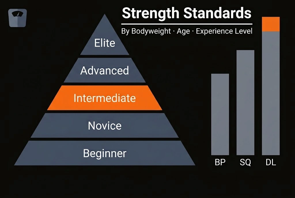 Dark minimal hero image showing a five-tier strength classification pyramid from Beginner to Elite alongside a bodyweight-ratio bar chart for bench press, squat, and deadlift.