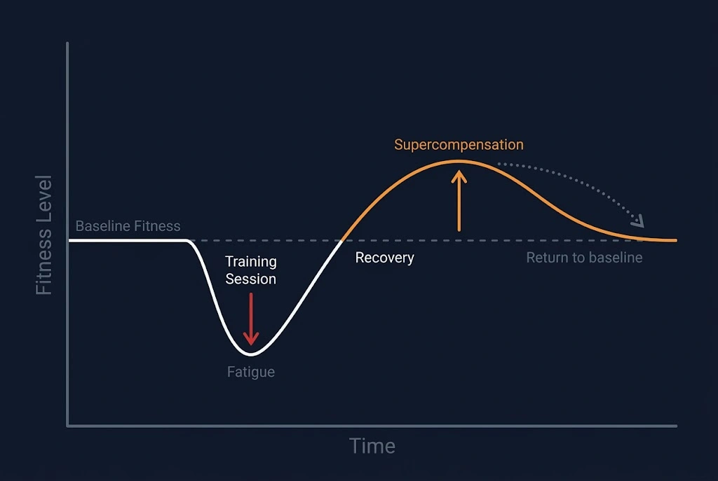 Supercompensation cycle diagram showing a line graph with four phases for strength training recovery: baseline fitness level, training-induced fatigue dip, recovery period, and supercompensation peak above the original baseline, followed by return to baseline if no follow-up training occurs.