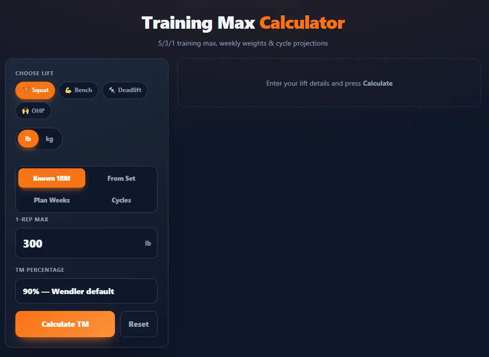 Training Max Calculator input area showing units, 1RM field, rep estimation fields, TM% selector with 90% highlighted, and Calculate button.