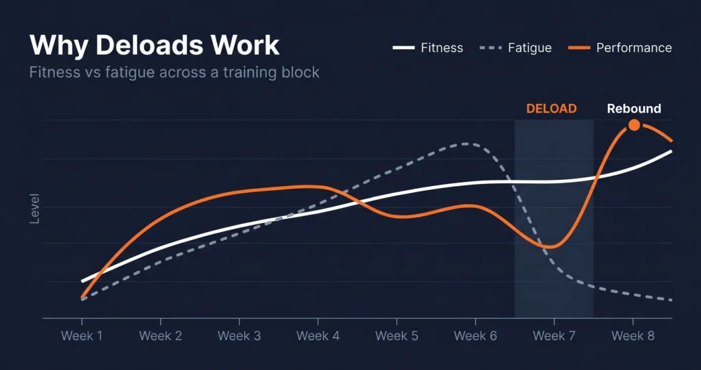 fatigue and fitness curves showing why a deload restores performance