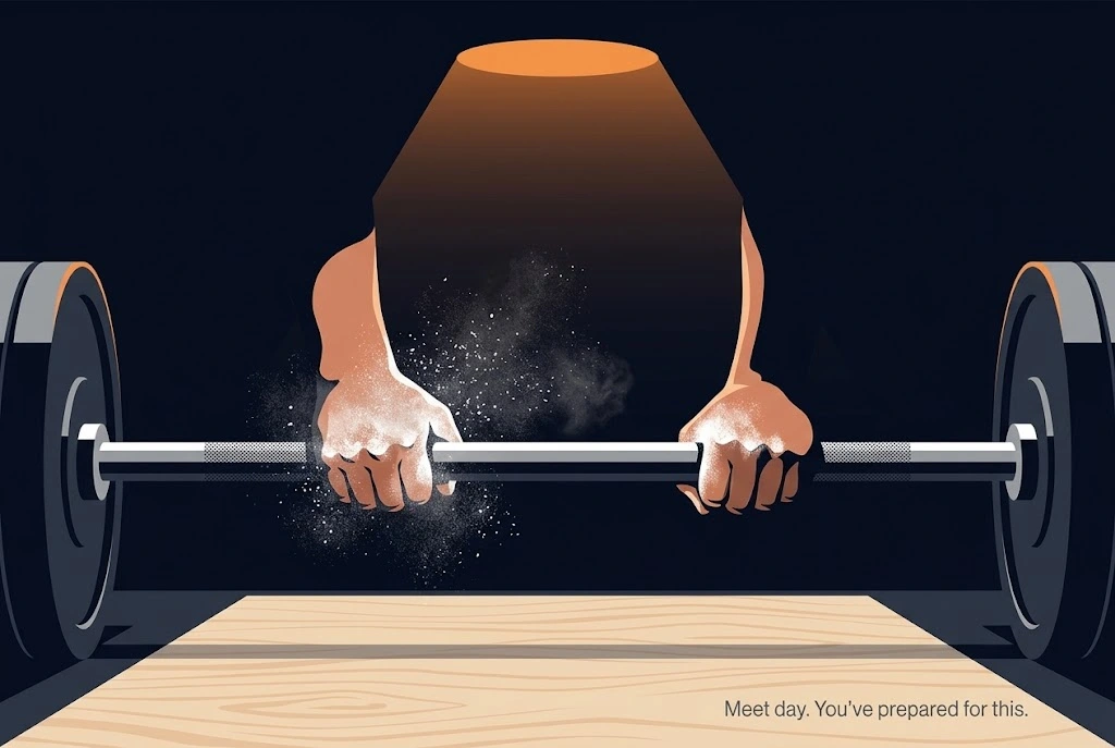 Powerlifter chalking hands before a deadlift attempt at their first powerlifting meet, cinematic dark gym setting with orange accent lighting and chalk dust detail. Image title: First Powerlifting Meet — Platform Preparation
