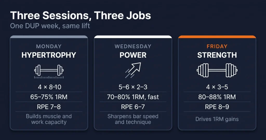 DUP hypertrophy power and strength training days compared