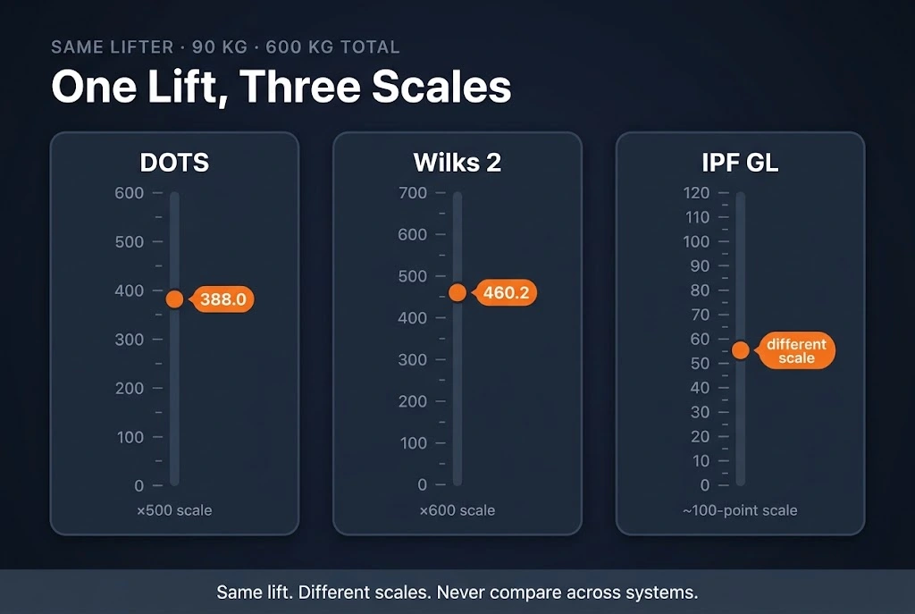 Infographic showing the same powerlifting total scored on DOTS score, Wilks 2 and IPF GL scales, which use different number ranges.
