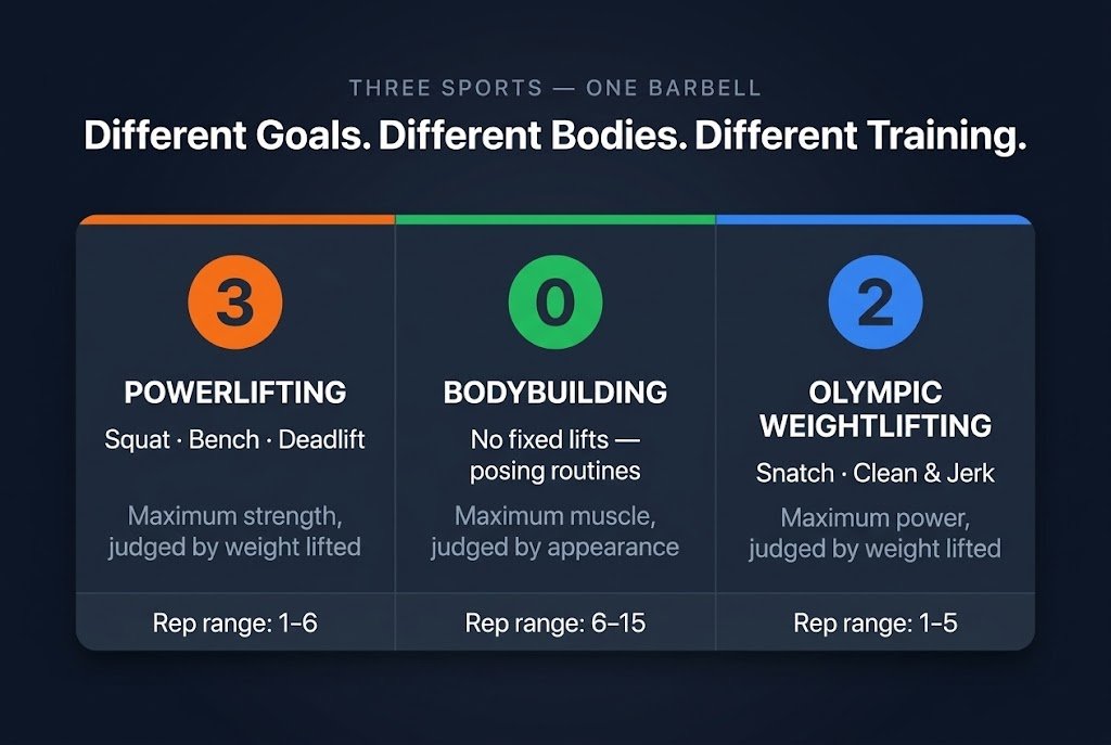 Powerlifting vs bodybuilding vs Olympic weightlifting: three-panel comparison showing each sport's primary characteristic, with orange for powerlifting maximum strength, green for bodybuilding maximum muscle, and blue for Olympic weightlifting maximum explosive power.