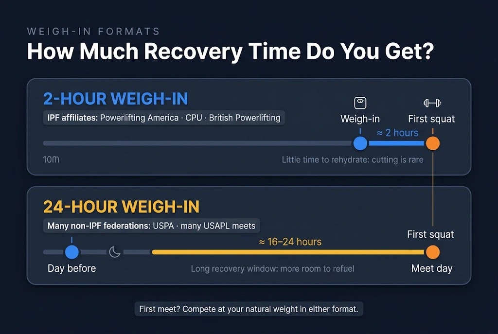Comparison of the 2-hour weigh-in used at IPF-affiliated meets and the 24-hour weigh-in used by many non-IPF federations, showing how much recovery time each format allows before the first lift.