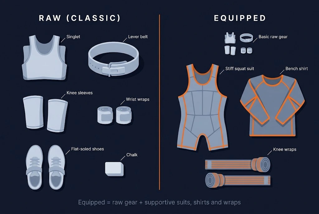 Equipped vs raw powerlifting.Staircase infographic of powerlifting equipment categories from bare raw to classic, raw with wraps, single-ply and multi-ply.