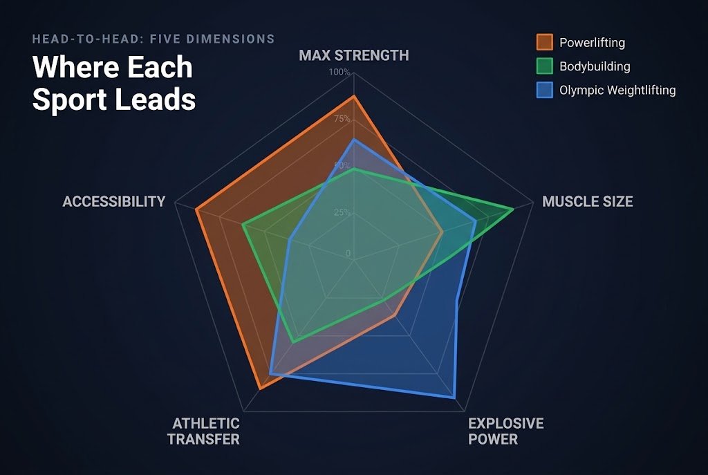 Radar chart comparing powerlifting, bodybuilding, and Olympic weightlifting across five outcome dimensions: maximum strength, muscle size, explosive power, athletic transfer, and accessibility, showing each sport's relative strengths visually.