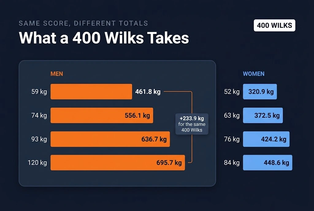 Bar chart showing the powerlifting total needed for a 400 Wilks score at different bodyweights, from 461.8 kg at 59 kg to 695.7 kg at 120 kg for men.
