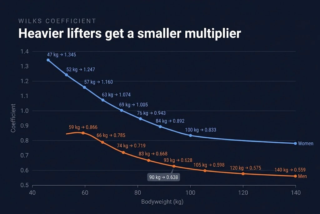 Chart showing the Wilks coefficient decreasing as bodyweight increases for male and female powerlifters. Image title: Wilks Coefficient by Bodyweight
